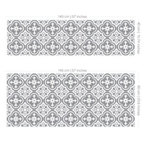 May include: Two rectangular floor mats featuring a repeating gray and white quatrefoil tile pattern. The top mat measures 145 cm by 40 cm (57 inches by 15.74 inches), and the bottom mat measures 145 cm by 60 cm (57 inches by 23.6 inches).
