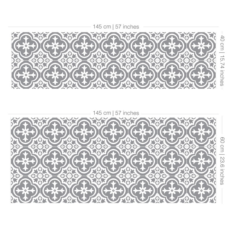May include: Two rectangular floor mats featuring a repeating gray and white quatrefoil tile pattern. The top mat measures 145 cm by 40 cm (57 inches by 15.74 inches), and the bottom mat measures 145 cm by 60 cm (57 inches by 23.6 inches).