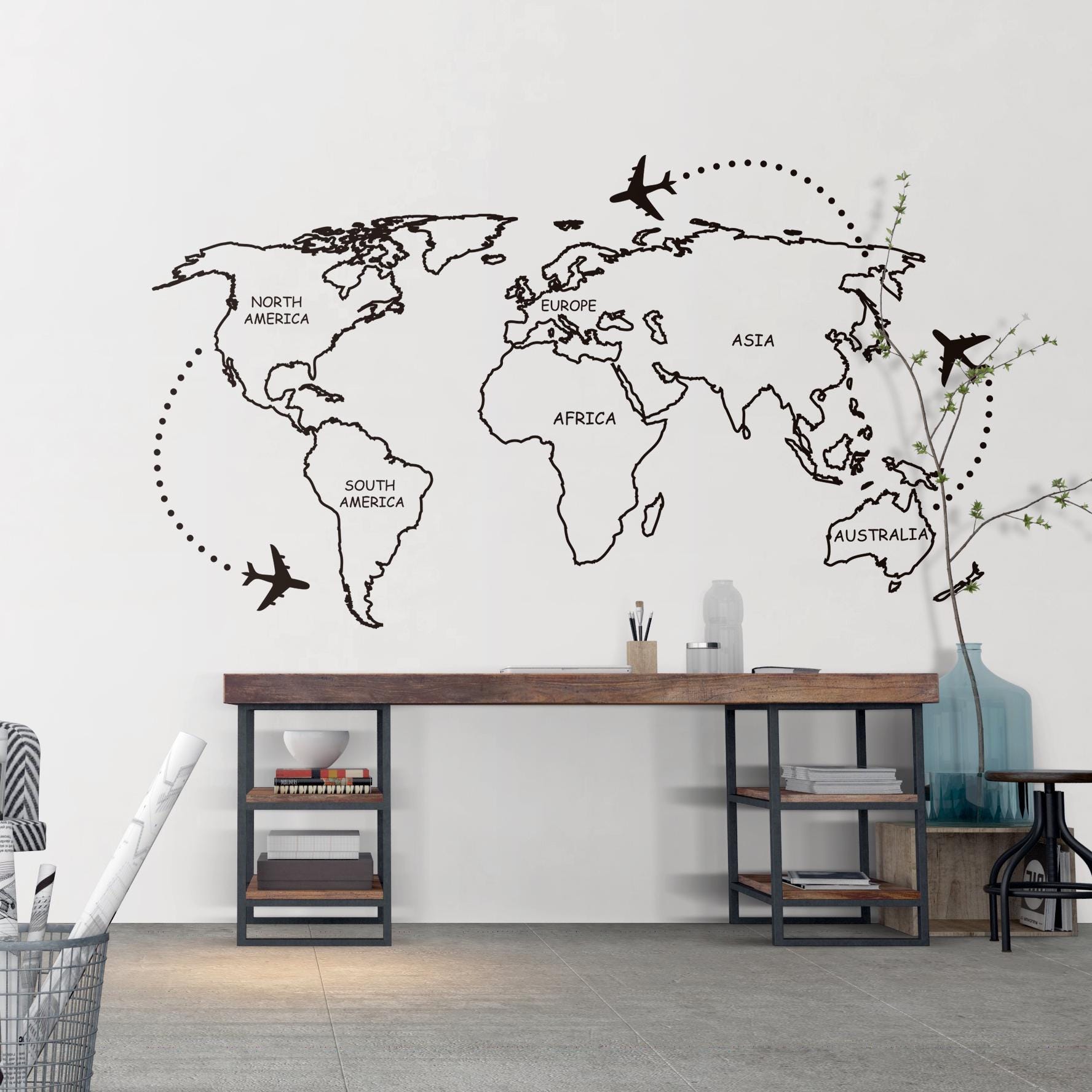World Map Outline Wall Decal, Minimalist Map Wall Art, Modern Travel ...