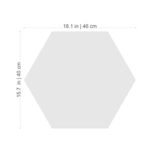 May include: A white hexagon-shaped tile with measurements of 18.1 inches by 15.7 inches, or 46 cm by 40 cm.