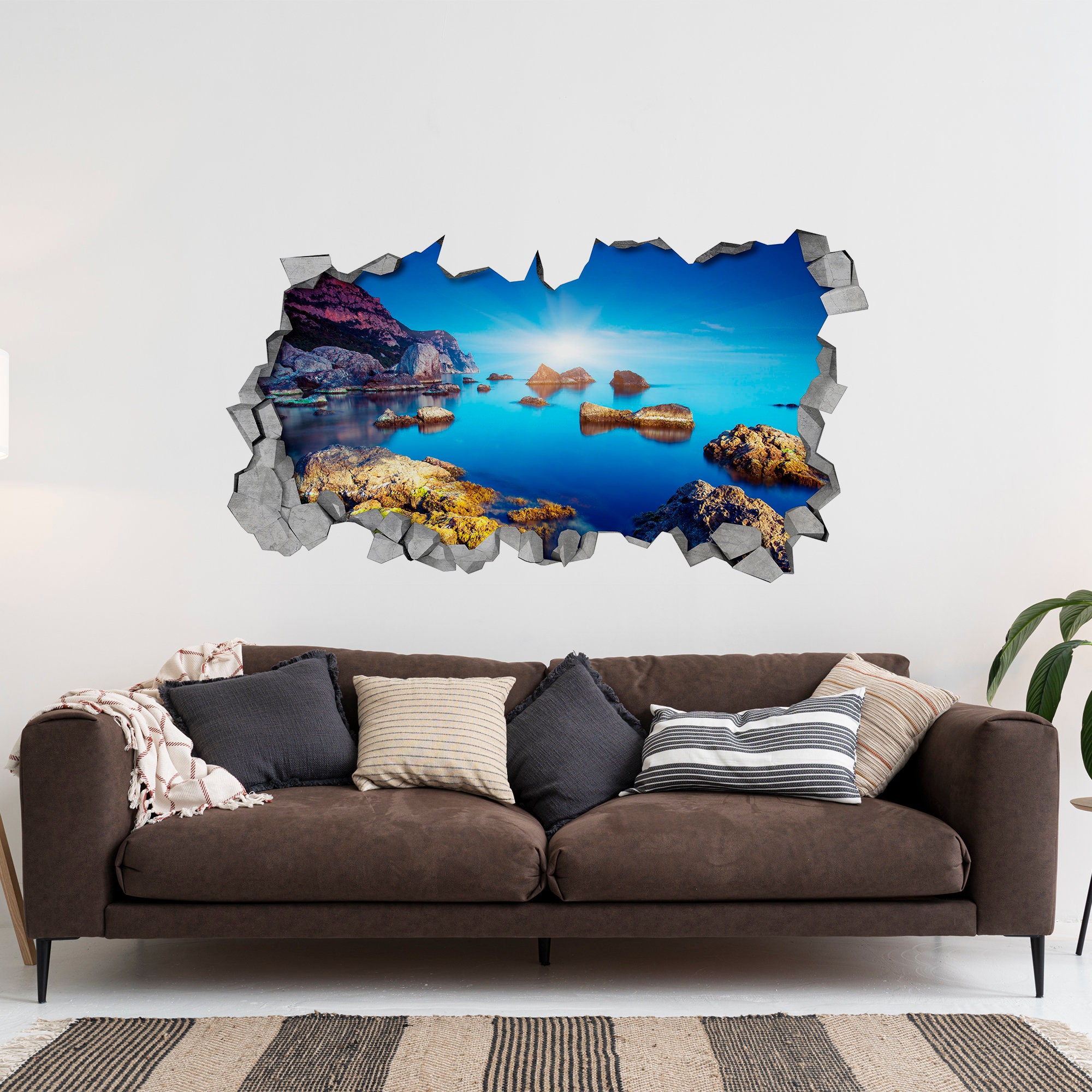 背景のウォールステッカーの3Dウォールステッカー 岩だらけの海 - 3D ウォールアート - 壊れた壁 - 3D ウォール