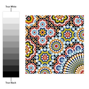 K&ouml;nnte beinhalten: Eine quadratische Grafik mit einem komplexen geometrischen Muster aus sich wiederholenden Stern- und Polygonformen in Rot, Gelb, Blau, Braun und Schwarz. Links befindet sich ein vertikaler Graustufen-Verlaufsbalken, der oben True White und unten True Black beschriftet ist.
