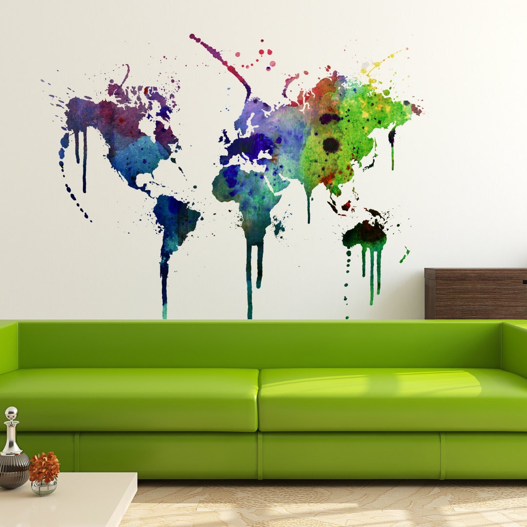 World Map Watercolor Decal - Watercolor World Map - Wall Sticker - Wall ...
