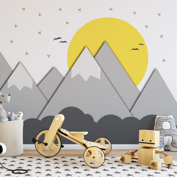 Mountains and Sun - Nursery - Wall Mural - Paper cut - Nursery Decor - Kids Room - Adhesive Fabric - Peel And Stick - SKU: MOUSU