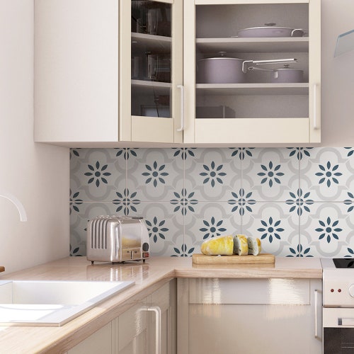 Kitchen Wall Decal Grey Blue Flower Tile Backsplash - Etsy