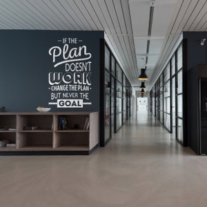 May include: An office hallway with a dark blue wall featuring white text: "IF THE PLAN DOESN'T WORK - CHANGE THE PLAN - BUT NEVER THE GOAL." A wooden cabinet with books and a bowl of fruit sits below the text. The hallway has glass walls and black pendant lights.