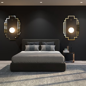 Arazzo da parete Art Déco dorato, decorazione sopra il letto, Art Déco ispirato a Frank Lloyd Wright, parete decorativa retrò, SKU:ADEP