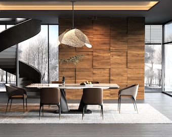 May include: A modern dining room with a wooden wall, a large glass window, and a black and white marble dining table with six chairs. A unique light fixture hangs above the table.