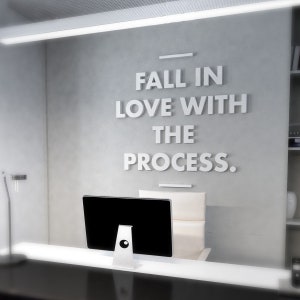 Könnte beinhalten: Ein modernes Büro mit einem weißen Schreibtisch, einem Computermonitor und einem weißen Stuhl. An der Wand steht der Text "FALL IN LOVE WITH THE PROCESS." in großen, weißen Buchstaben. Ein minimalistisches Design mit Fokus auf Produktivität.