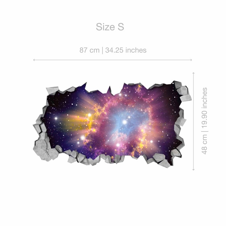 May include: A wall decal featuring a vibrant galaxy scene, appearing to burst through a cracked concrete surface. The decal measures 34.25 inches wide and 19.90 inches high, showcasing a colorful nebula with shades of purple, blue, and yellow.