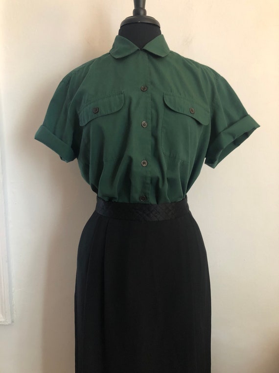 Forest Green Cotton Blend Button-Up Blouse