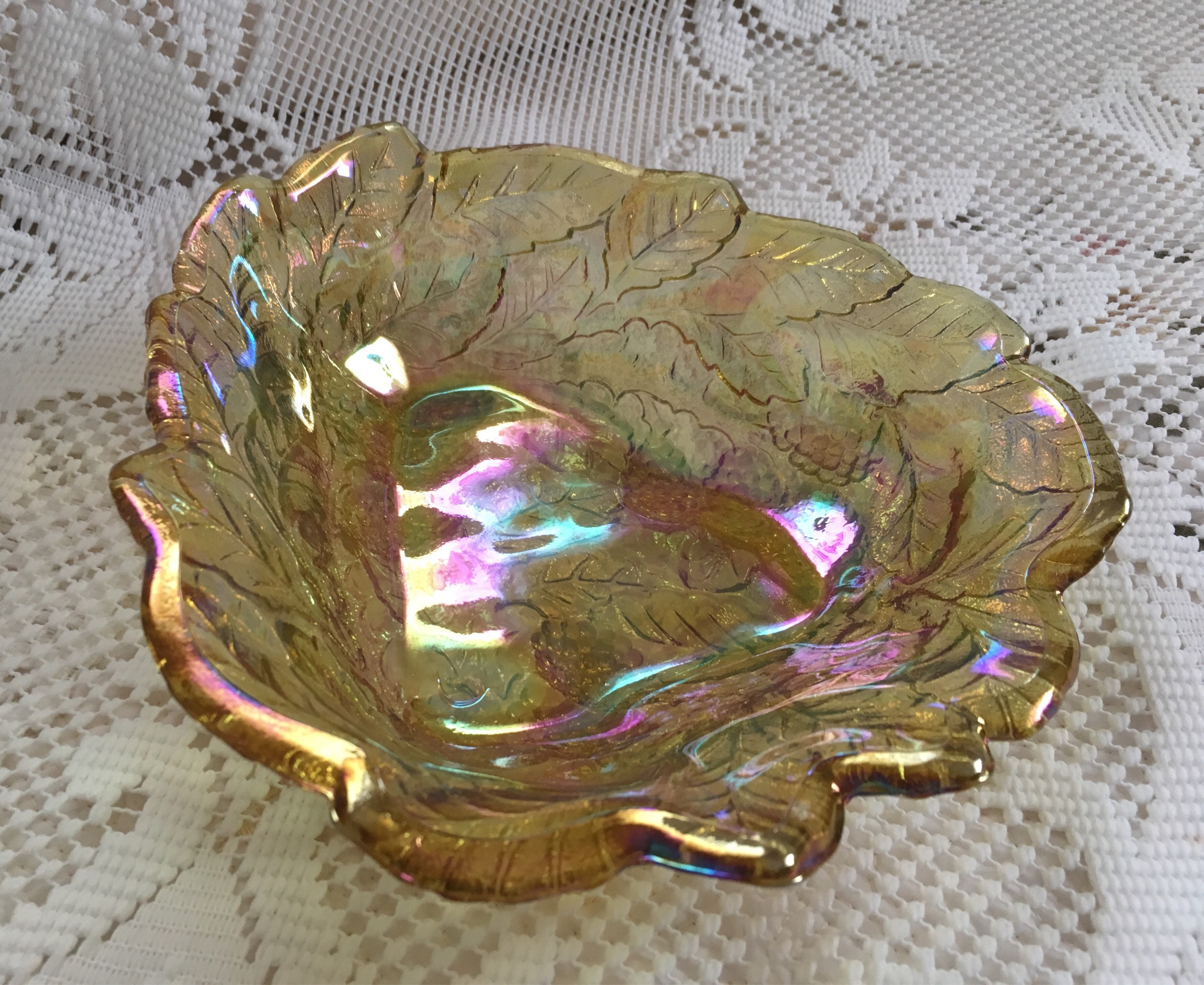Collectible Glass Vintage Marigold Carnival Glass Candy Dish Grape Leaf