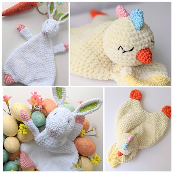 MOTIF UNIQUEMENT, Bundle de Pâques : Lapin et poussin Lovey, motif de lapin au crochet, motif de poussin amigurumi, poupée de chiffon au crochet, lapin au crochet lovey