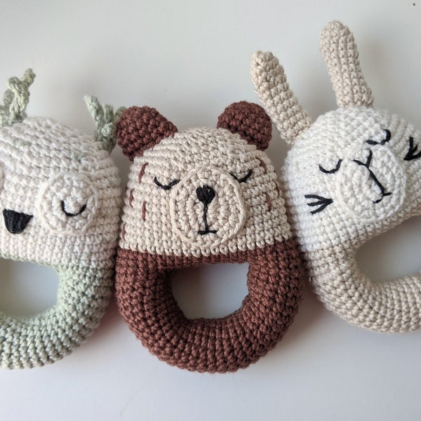 PATTERN ONLY, Forest Friends, baby baby toy, crochet rattle, crochet teddy pattern, amigurumi teddy pattern, crochet baby bunny pattern