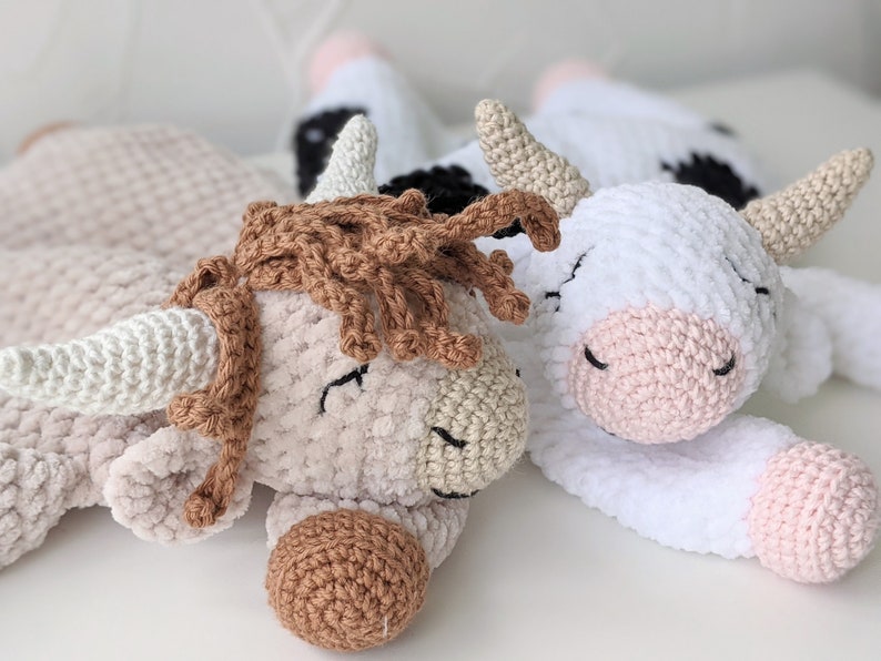PATTERN ONLY, SLEEPY Cow Comforter, crochet cow, crochet pattern, amigurumi comfroter pattern, amigurumi lovey, baby gift, crochet lovey image 1