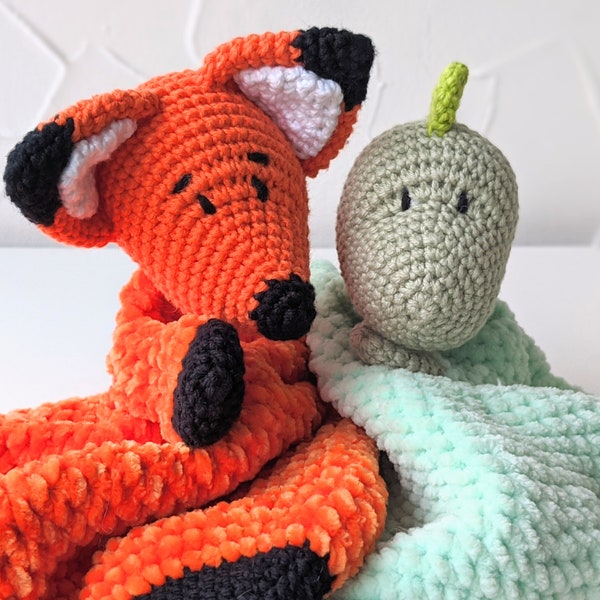 PATTERN ONLY, *CUDDLY* Comforter Fox and Dinosaur bundle, crochet lovey crochet fox pattern, amigurumi lovey pattern dinosaur lovey snuggler