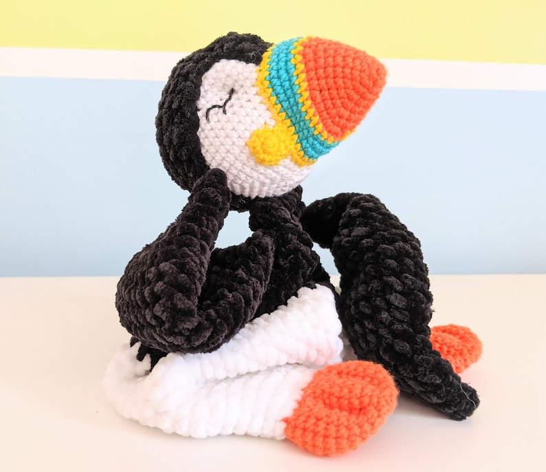 PATTERN ONLY, BABY Puffin Comforter, crochet puffin, crochet pattern, amigurumi comforter pattern, amigurumi lovey, crochet lovey snuggler image 1