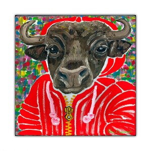 Bull Portrait in Red Hoodie, Fine Art Oil Painting on Canvas as Fine Art Print, Paper, Canvas, Metal, Acrylic, Home Decor, Modern Wall Art