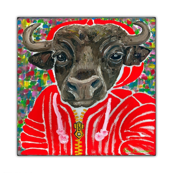 Bull Portrait in Red Hoodie, Fine Art Oil Painting on Canvas as Fine Art Print, Paper, Canvas, Metal, Acrylic, Home Decor, Modern Wall Art