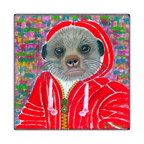 Meerkat Portrait in Red Hoodie, Fine Art Oil Painting on Canvas as Fine Art Print, Paper, Canvas, Metal, Acrylic, Home Decor, Wall Fine Art