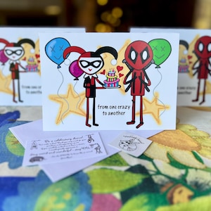 NEU & EMBELLISHED Von einem Verrückten zum Anderen (Harley Quinn + Deadpool) (5x7 Grußkarte mit Umschlag) (Kostenloser US-Versand)