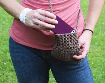 Brown Cotton Cell Phone Pouch or Holder, Crocheted Cross-body Cell Phone Bag, Brown Cell Phone Case with Long Strap, Eco-friendly Cotton