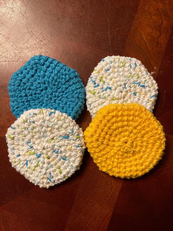 Crocheted Cotton Scrubbies, Blue and Yellow Facial Scrubbies, Eco-friendly Four Piece Set, Baby Washcloths, Double-thick Coasters