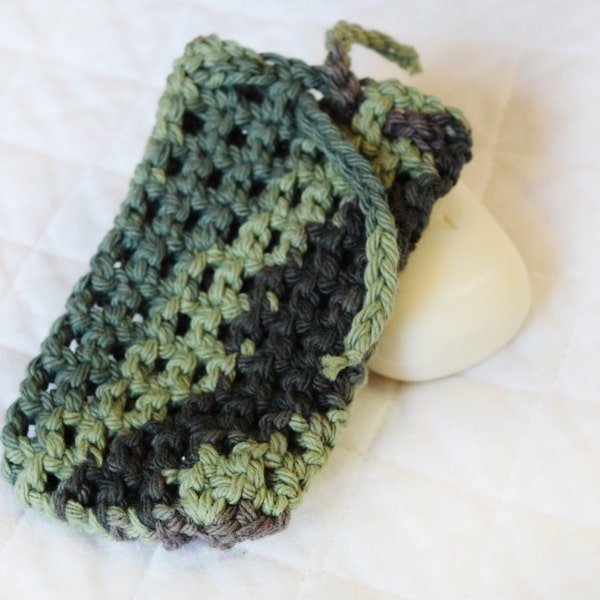 Crocheted Cotton Soap Bag, Camo Soap Saver, Eco-friendly Cotton Soap Pouch or Sack made from Green and Brown Variegated Cotton Yarn