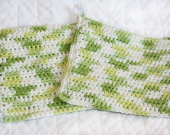 Crocheted Cotton Potholders, Green and White Variegated Potholders, Double-thickness, Kitchen Pot Holders, Set of Two Hot Pads