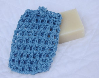 Blue Crocheted Hemp Soap Bag, Hemp Soap Saver, Soap Pouch, Exfoliating Shower Sack or Sock, Eco-friendly