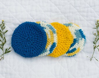 Crocheted Cotton Scrubbies, Blue and Yellow Facial Scrubbies, Eco-friendly Four Piece Set, Baby Washcloths, Double-thick Coasters