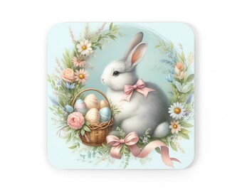 Coasters with rabbit, eggs and flowers. Easter coasters. A gift for Easter. Decor for Easter. Corkwood Coaster Set