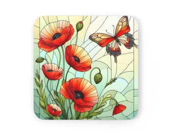 Coasters and cups with poppies and butterflies Coasters with flowers. Home decor. A gift for a woman.   Corkwood Coaster Set