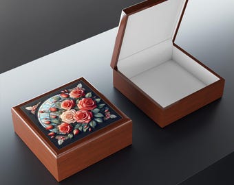 Schmuckkästchen mit Rosenmuster: Aufbewahrungsbox aus Gummibaumholz