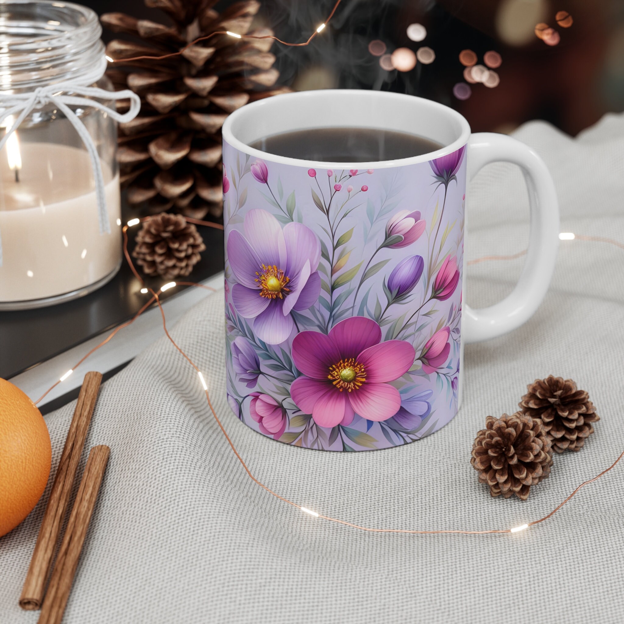 Purple Floral Coffee Mug: 11oz Ceramic Tea Cup - Etsy