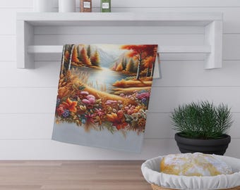 May include: A decorative kitchen towel featuring a scenic landscape with a river, trees, and colorful flowers. The artwork showcases autumn colors, including red, orange, and yellow. The towel is hanging on a white shelf above a wooden countertop.