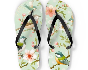 Flip flops with flowers and birds. Floral flip flops. Flip Flops. Women's flip flops with flowers. A gift for a woman. A unique gift.