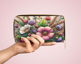 Portemonnee met ritssluiting van PU-leer met bloemenprint: kleurrijke lentetas