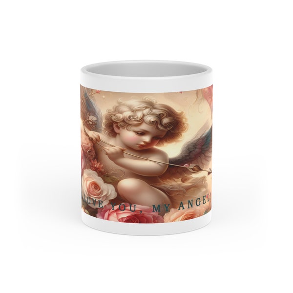 Heart-Shaped Mug. A cup for tea or coffee. Cupid cup. A gift cup for Valentine's Day. Mug with inscription: I love you, my angel!