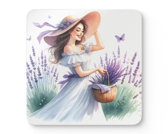 Coasters with woman and lavender. Spring coasters. A gift for a woman. Home decor.  Corkwood Coaster Set