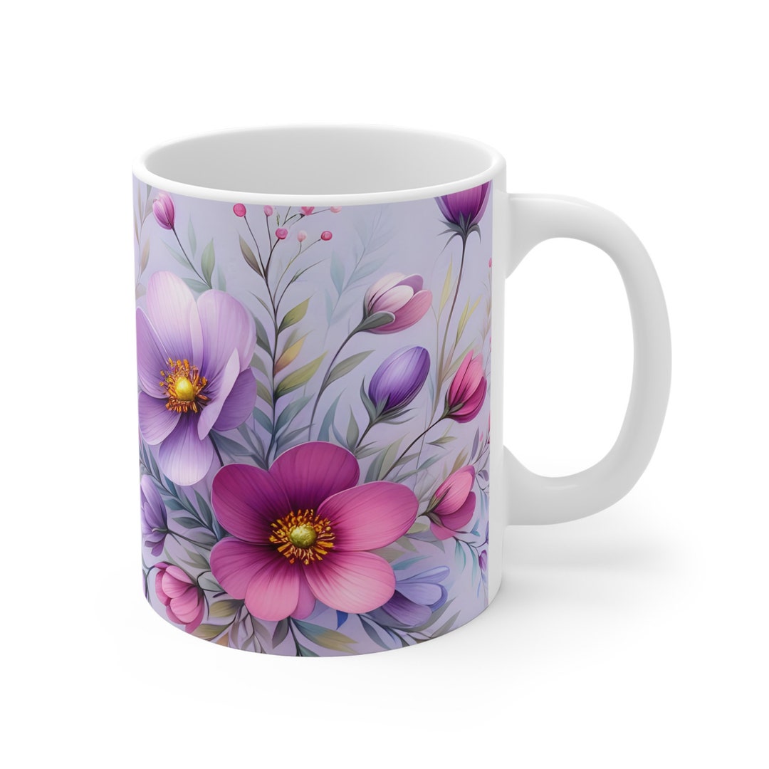 Purple Floral Coffee Mug: 11oz Ceramic Tea Cup - Etsy