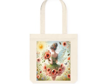 Spring fairy cotton bag with flower dress. Spring decor. A spring gift. Woven Tote Bag