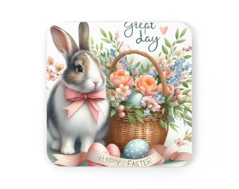 Rabbit and Flower Easter Coasters: Corkwood Coaster Set