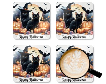 Conjunto de porta-copos de cortiça com estampa de gatos pretos para o Halloween. Ideal para presentear no Halloween.