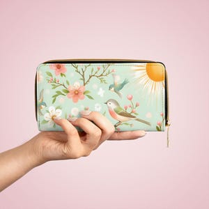 Carteira com zíper com flores e pássaros, bolsa, presente de primavera, carteira floral, acessório de primavera, presente para ela, carteira