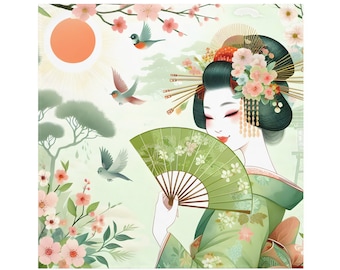 Japanese style cloth napkins. Geisha doily with fan. Geisha print. Home decor. Napkins