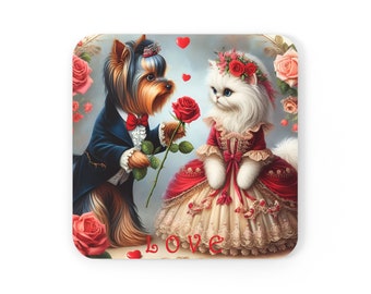 Coasters for lovers. Valentine coasters. A gift for Valentine's Day. A gift for cat and dog lovers. Corkwood Coaster Set