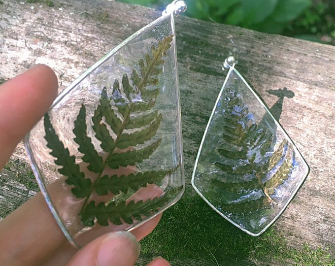 Natural fern set in resin and handcrafted gold brass dangle drop geometric statement earrings