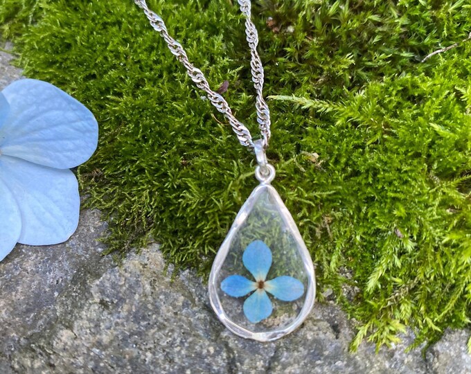 Real blue Hydrangea Flower set in ice resin and handcrafted Sterling silver necklace