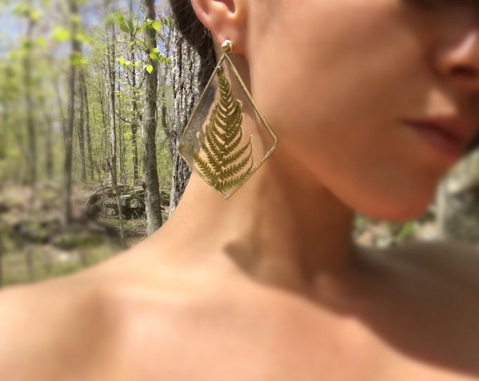 Natural fern set in resin and handcrafted gold brass dangle drop geometric statement earrings